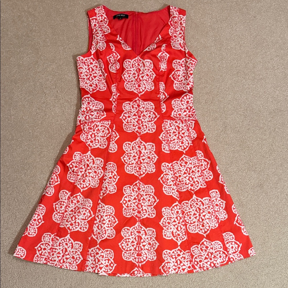 Nine West Size 8 Red White Cotton Dress Lined Bodice Summer Above Knee No Sleeve